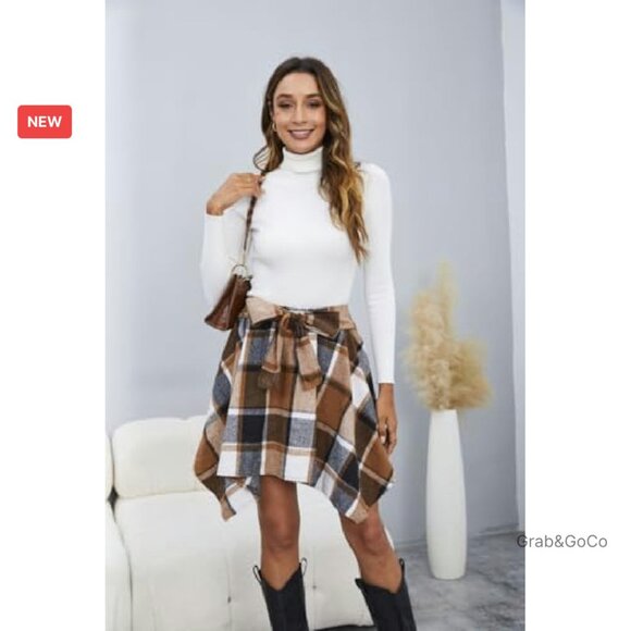 Plaid Flannel Mini Skirt Bow Tie Front Elastic High Waisted Asymmetrical Chic - Picture 6 of 7